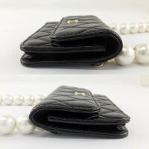 Chanel Lambskin Quilted Flap Wallet clutch pearl chain strap Black